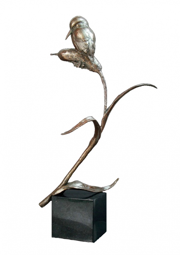 bronze kingfisher sculpture on granite cube base