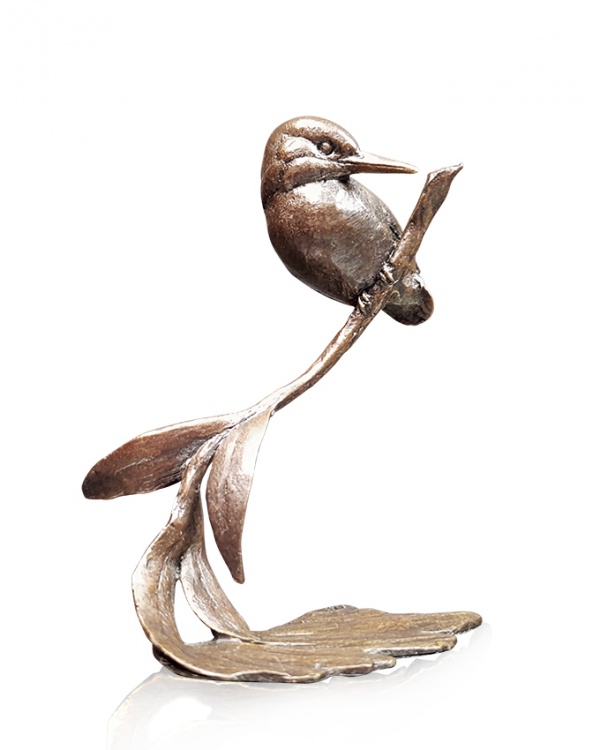 Bronze sculpture of a kingfisher perched on a willow branch