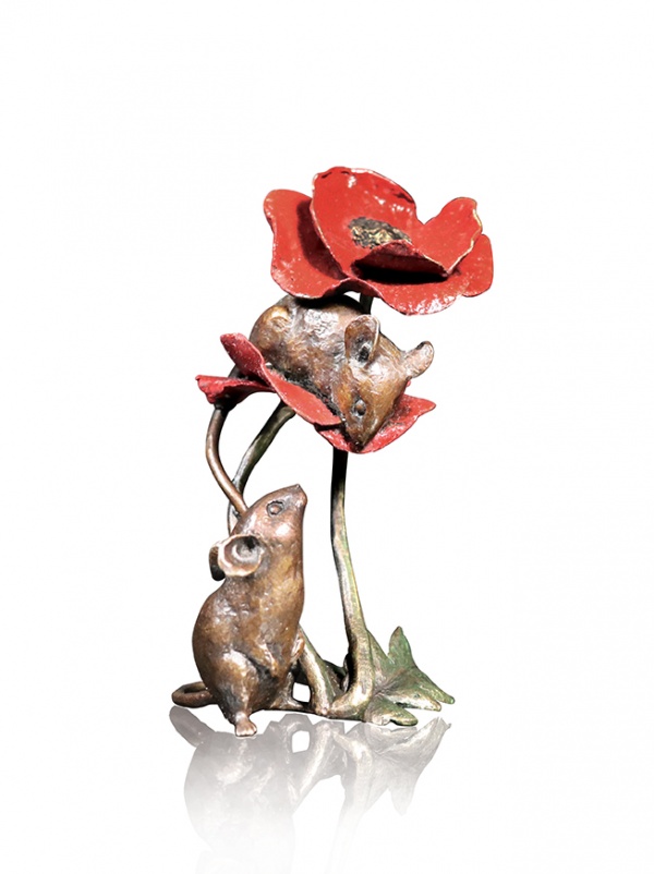 Bronze mice playing on a red poppy