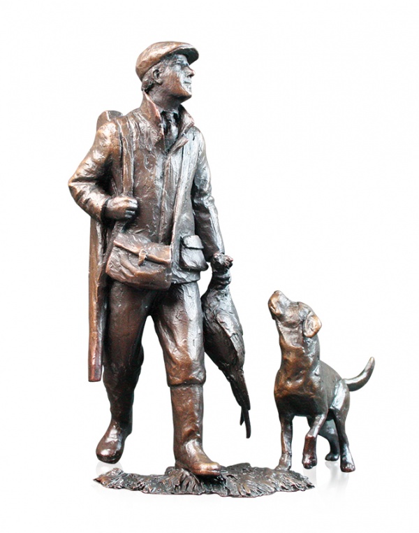 bronze sculpture of a man returning home with his dog after shooting a pheasant
