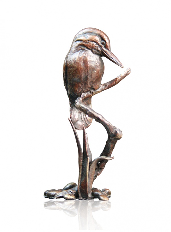 Bronze sculpture of a small kingfisher on a branch