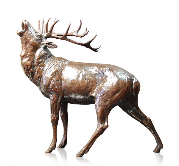 large bronze sculpture of a stag roaring in the highlands