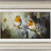 painting of two robins perching on a branch in an atmospheric style by artist Jose Manuel Reyes