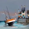 signed limited edition art print by Gary Walton showing a moored orange boat and cottages in the harbour