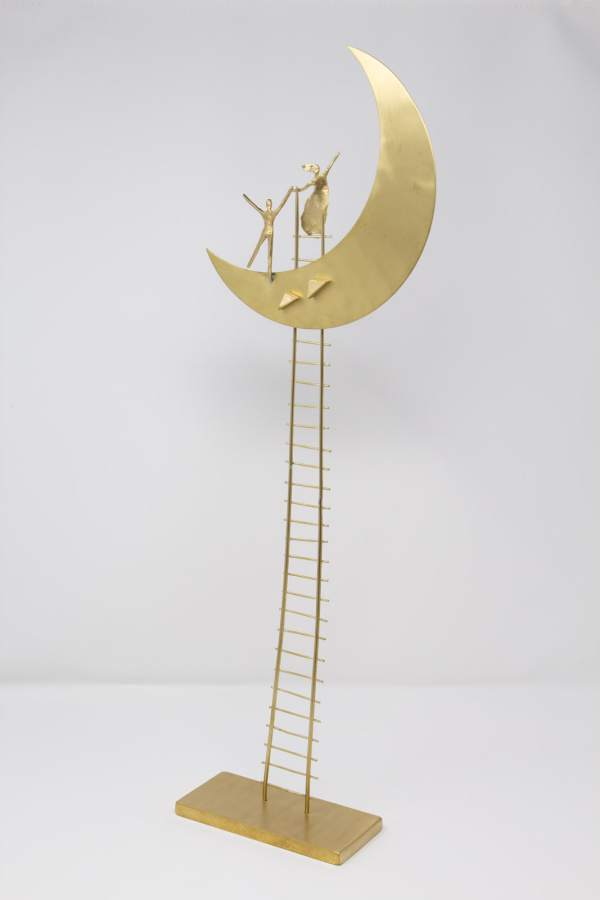 Limited Edition hand made bronze sculpture featuring a couple celebrating over the moon which they just climbed together by Anna Andreadi