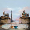 signed limited edition art print by Gary Walton showing two boats in a natural harbour with cottages and a distant lighthouse