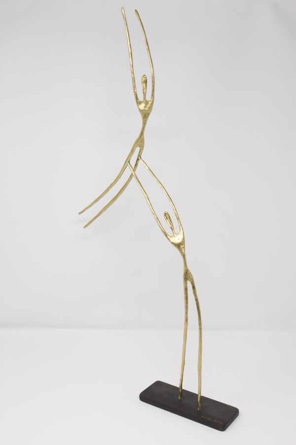 hand signed limited edition bronze sculpture by artist Anna Andreadi with a figure being lifted up by another in an acrobatic pose