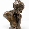 solid bronze sculpture of an upper female torso with breast exposed and a pensive look with fist under chin by Cat Vitebsky