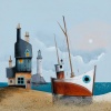 signed limited edition art print by Gary Walton showing a red boat on the sand with a cottage and lighthouse