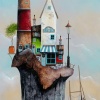 signed limited edition art print by Gary Walton with a cottage, lighthouse and boat on fantasy style rocks in the clouds