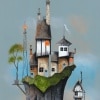 signed limited edition art print by artist Gary Walton picturing a whimsical island in the clouds with cottages on