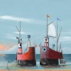 signed limited edition art print by artist Gary Walton picturing a whimsical world with two ships and cottages on cliffs
