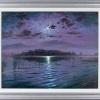 large oil painting of elterwater under moonlight overlooking ripples on the lake