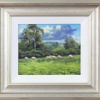 oil painting of sheep grazing in a field with blue sky and trees in background