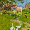 original oil on canvas painting featuring a lady on a farm brushing the horses with lots of farm animals around: dogs, hens, ducks and geese by internationally acclaimed British artist John Haskins