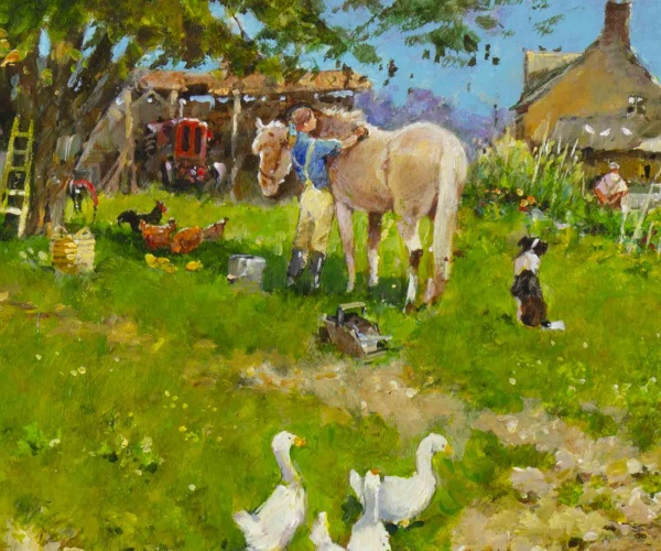 original oil on canvas painting featuring a lady on a farm brushing the horses with lots of farm animals around: dogs, hens, ducks and geese by internationally acclaimed British artist John Haskins
