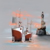 signed limited edition art print by artist Gary Walton picturing two red ships and a distant lighthouse at sunset