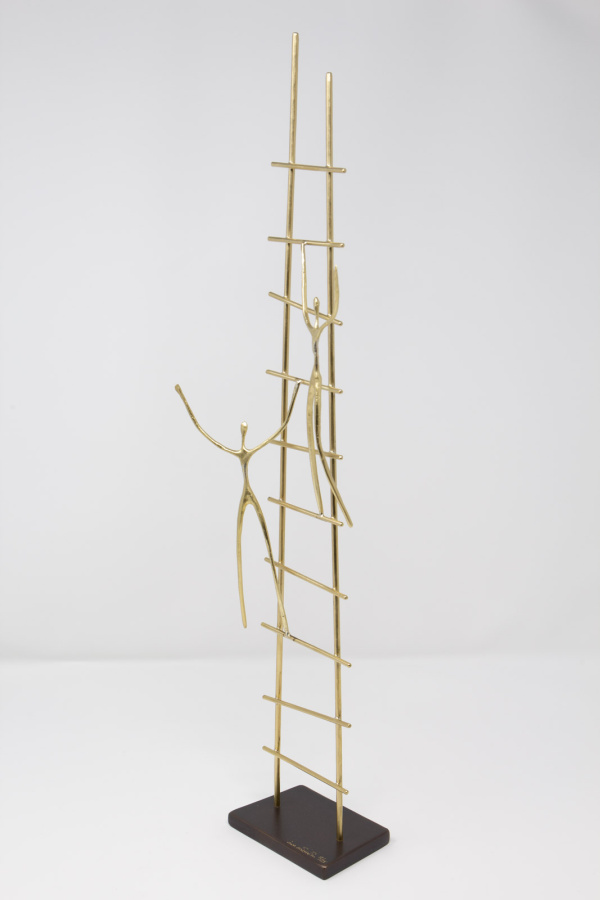 Limited Edition hand made bronze sculpture featuring a couple of friends climbing a ladder together helping each other by Anna Andreadi