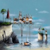 signed limited edition art print by Gary Walton showing a whimsical pier with cottages, a lighthouse and a boat