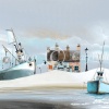 signed limited edition art print by artist Gary Walton picturing colourful boats and cottages on a sandy island