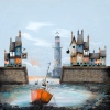 signed limited edition art print by artist Gary Walton picturing an orange boat and cottages in a harbour