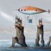 signed limited edition print by artist Gary Walton picturing a whimsical coastal scene with an airship and cottages upon rocks