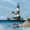 signed limited edition print by artist Gary Walton picturing a rowing boat and a distant lighthouse on blue waters