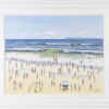 joyful painting of people on the beach with blue sky by Nuria miro