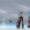 signed limited edition print by artist Gary Walton picturing a whimsical coastal scene with cottages on islands