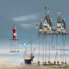 signed limited edition print by artist Gary Walton picturing a whimsical coastal scene with cottages on a pier and a lighthouse