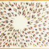 large painting of swimming figures with textiles applied by ruben abstract