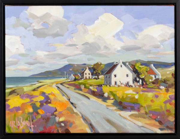 colourful painting of coastal cottages by Carla Bosch