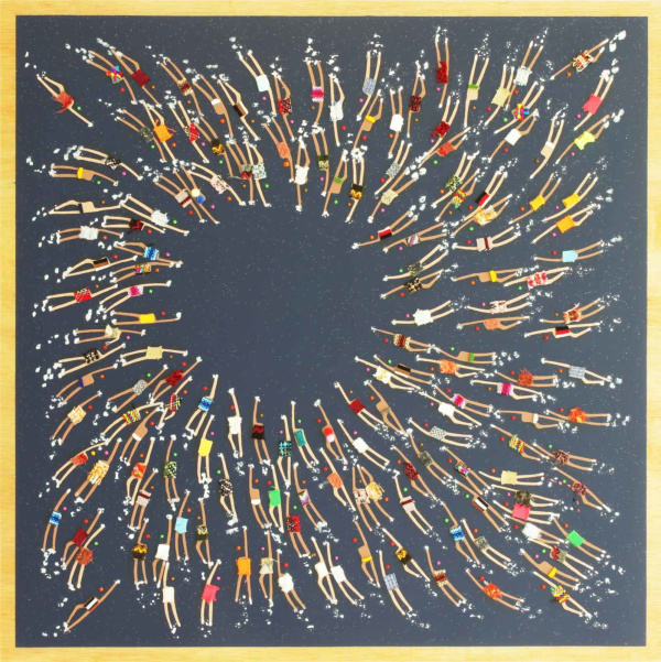 painting of swimming figures with textiles applied by ruben abstract