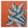 painting of sprat fish against orange background by Giles Ward