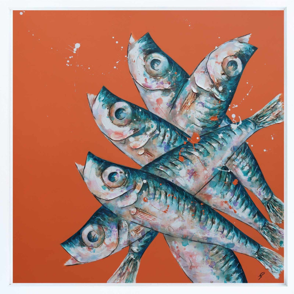 painting of sprat fish against orange background by Giles Ward