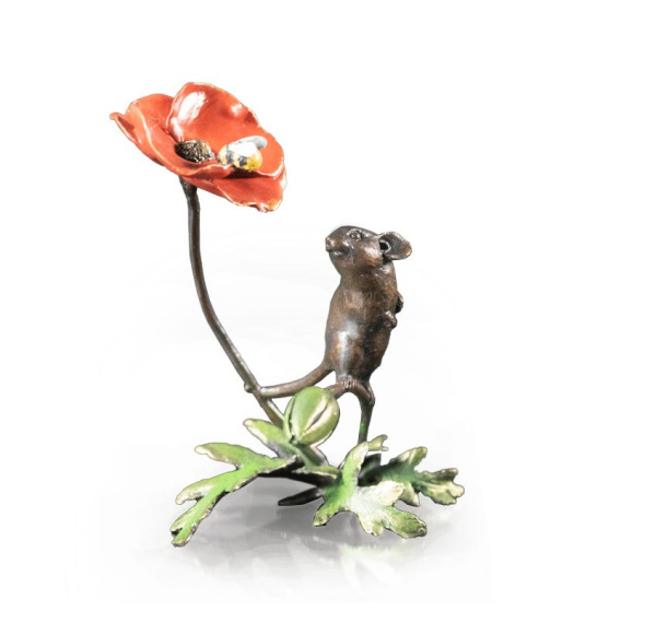 solid bronze sculpture of a mouse with poppy flower and bee