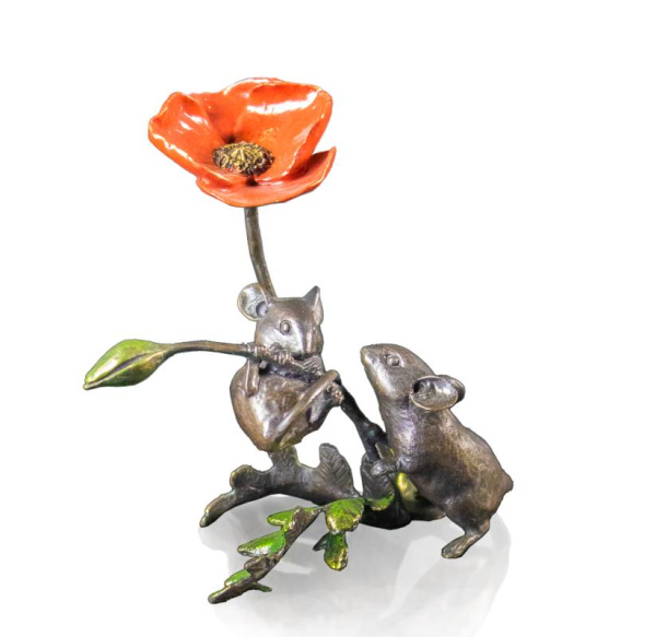 bronze sculpture of mice with a poppy flower by Michael simpson