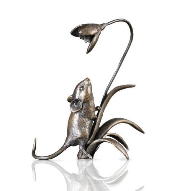 bronze sculpture of a mouse with snowdrop flower by Michael simpson
