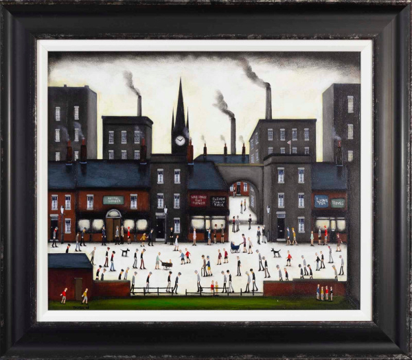 oil painting by sean durkin of an industrial town inspired by the work of L.S.Lowry
