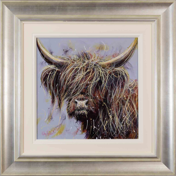 contemporary painting of a highland cow with loose hair by ruby keller