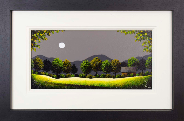 striking original painting of a moonlit landscape with verdant green field and a cottage by John Russell