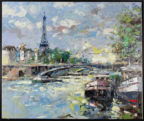 impasto oil painting with heavy texture picturing the Eiffel Tower in Paris by artist Frank Getty