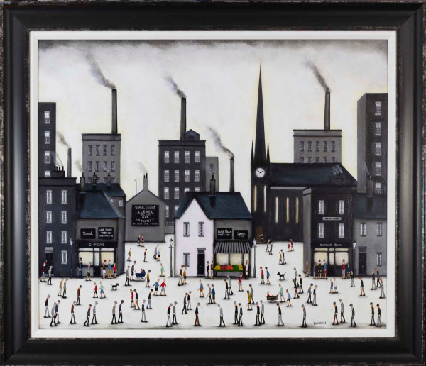 large oil painting by sean durkin of an industrial town inspired by the work of L.S.Lowry