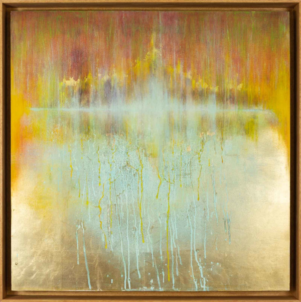 japanese art by Hiroko Lewis of an abstract original painting with gold leaf and copper tones throughout