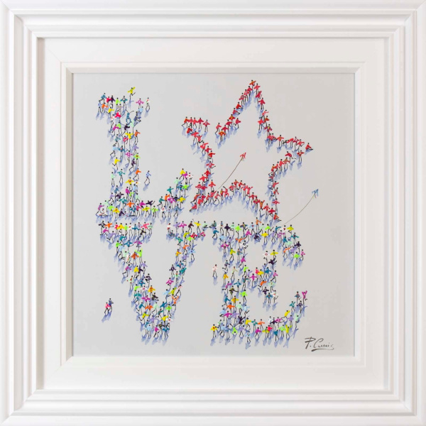 Original painting with 3D figures making up the message 'Love' by Paola Cassais