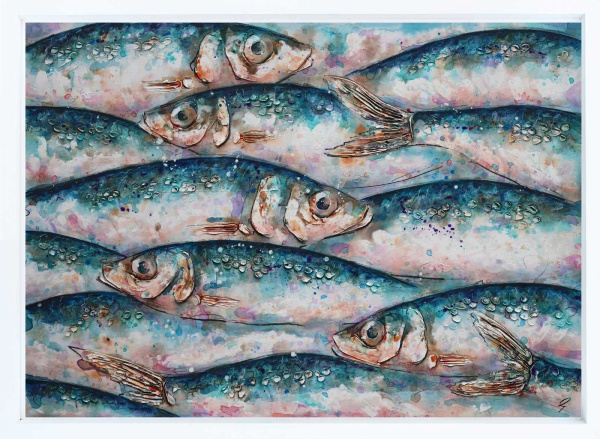original painting of many fish with heavy texture and iridescent colour by giles ward