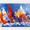 original oil painting featuring sail boats sailing towards the right in with colourful sails in a impressionistic style a stormy day by Spanish artist Cortes