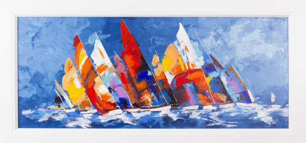 original oil painting featuring sail boats sailing towards the right in with colourful sails in a impressionistic style a stormy day by Spanish artist Cortes