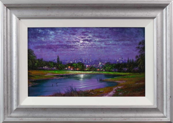 painting of London from Hampstead Heath with deep purples under the moonlight