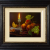 intricate detailed still life painting of fruit under candlelight